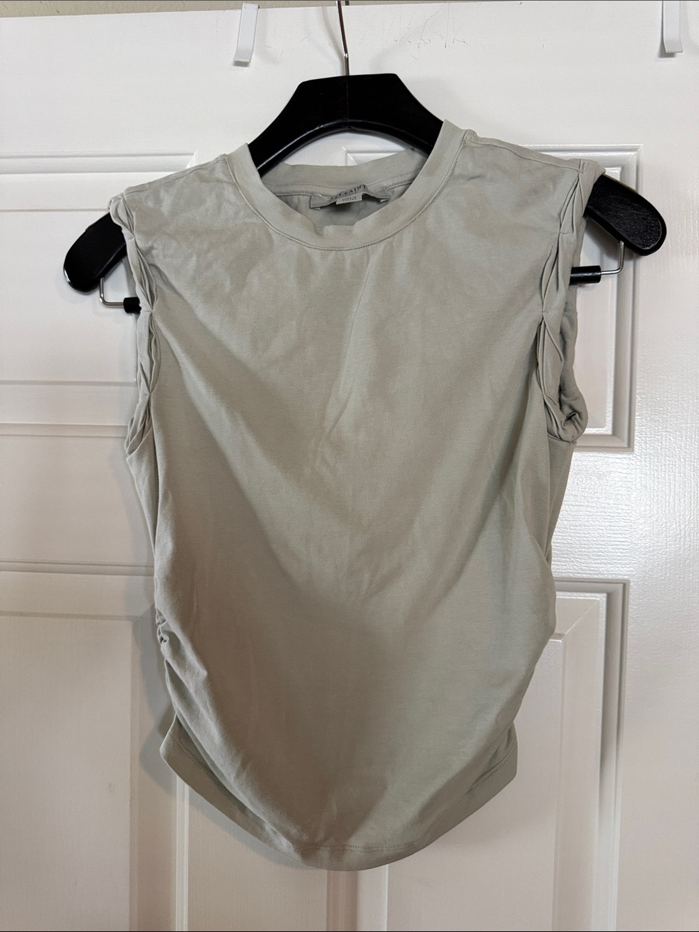 All Saints Light Sage Crewneck Tank with Padded-Shoulder Detail